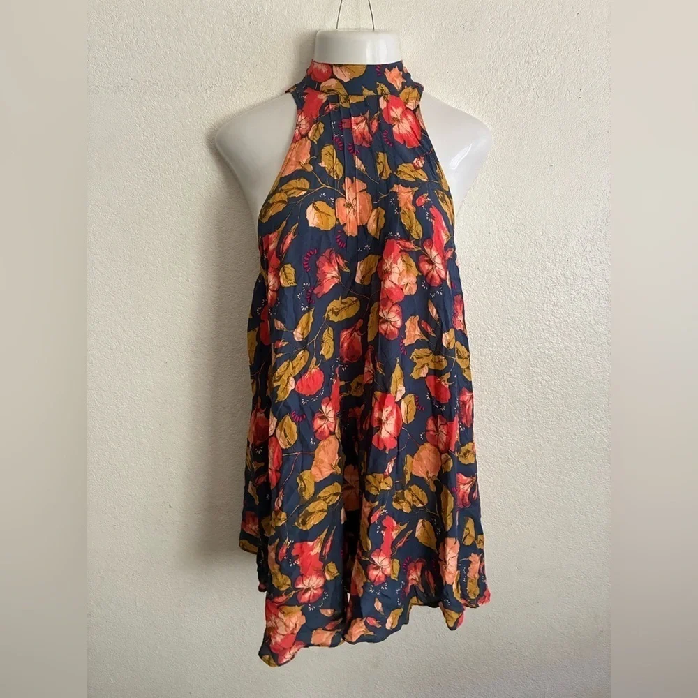 Free People Intimately Beaux MockNeck Blue Wildflower Orange Slip Mini Dress S